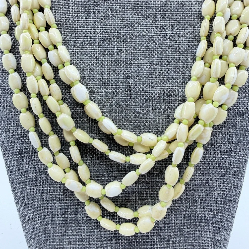 Cream Lime Green Multistrand Beaded Necklace Long Layered Chunky Boho Statement